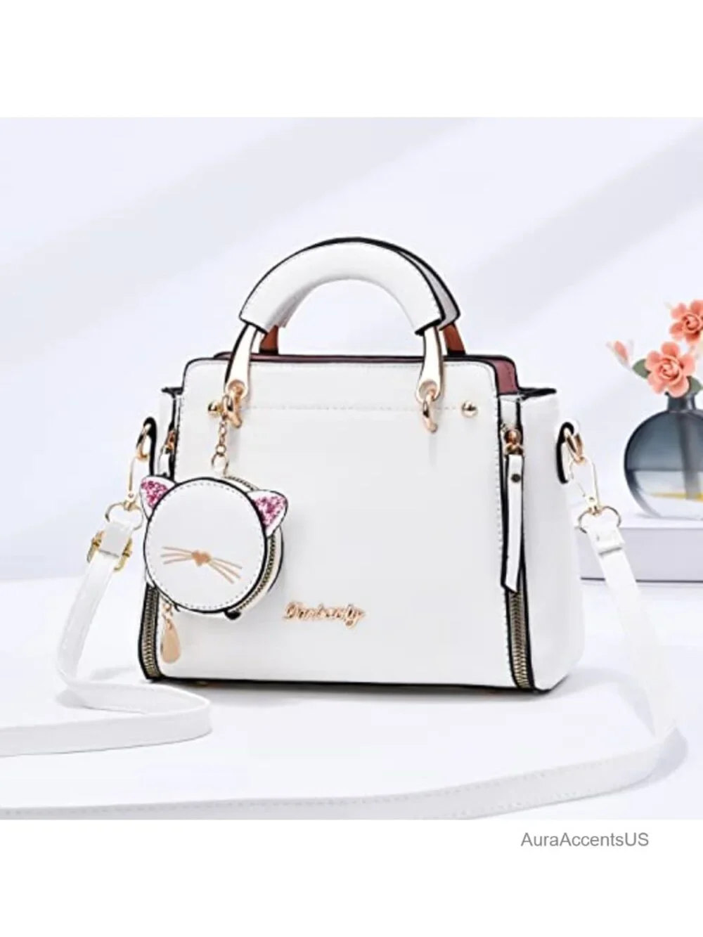PU Leather Top Handle Satchel Crossbody Bag with Kitten Pendant - Small Tote